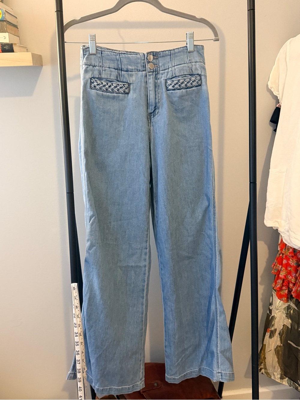 High-Rise Light Blue Wide-Leg Jeans with Braided Accent